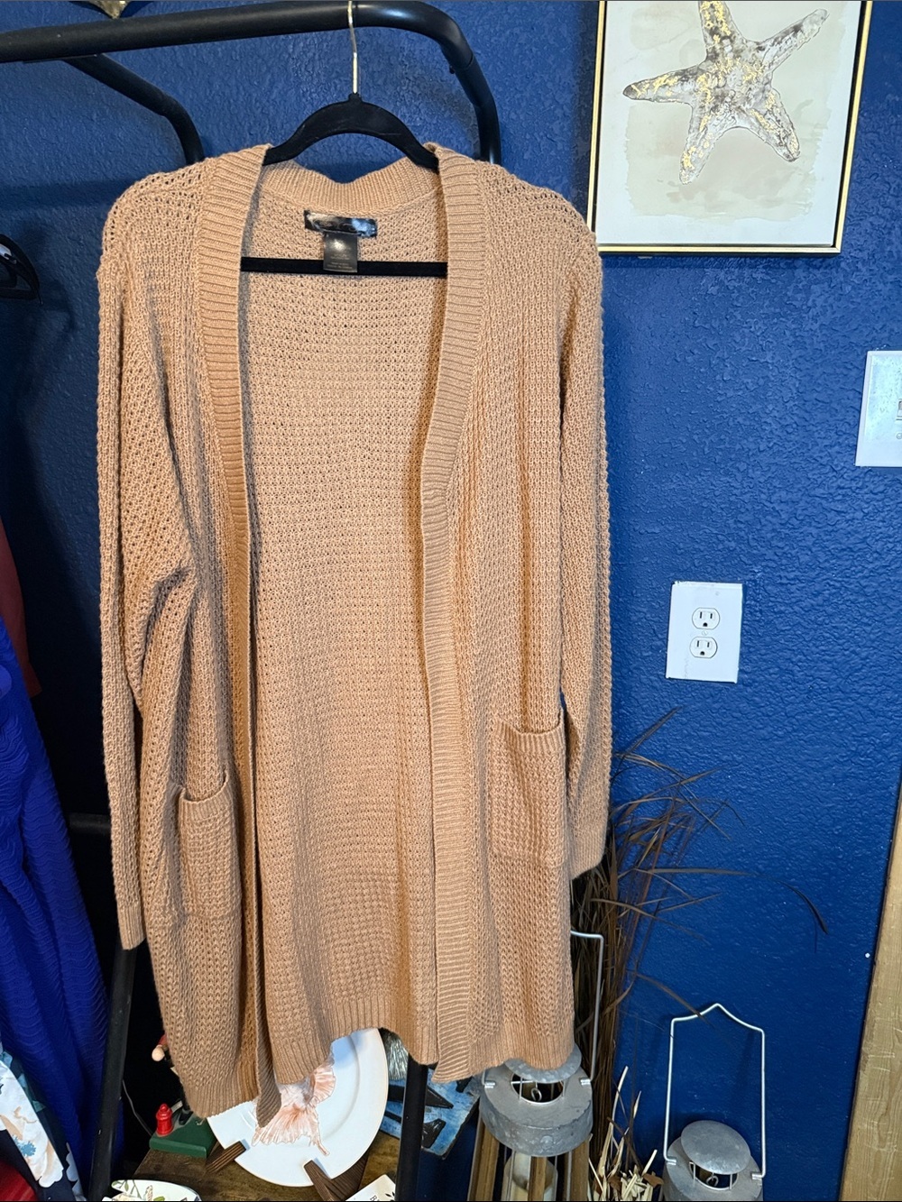 Open-Front Long Knit Cardigan in Camel